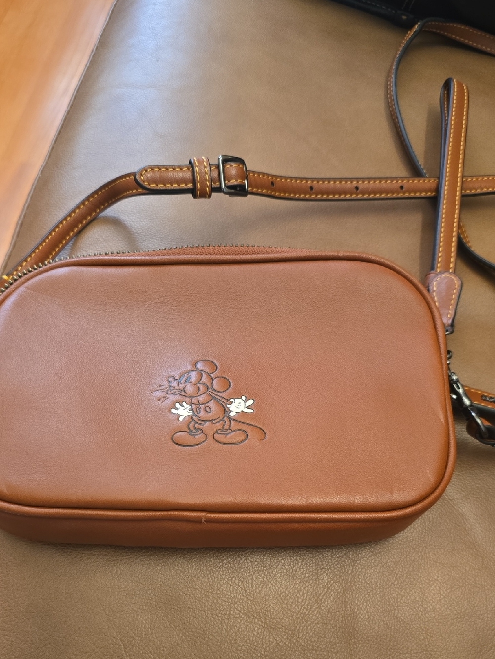 Coac  Disney Brown Leather Crossbody Bag with Embossed Mouse Motif